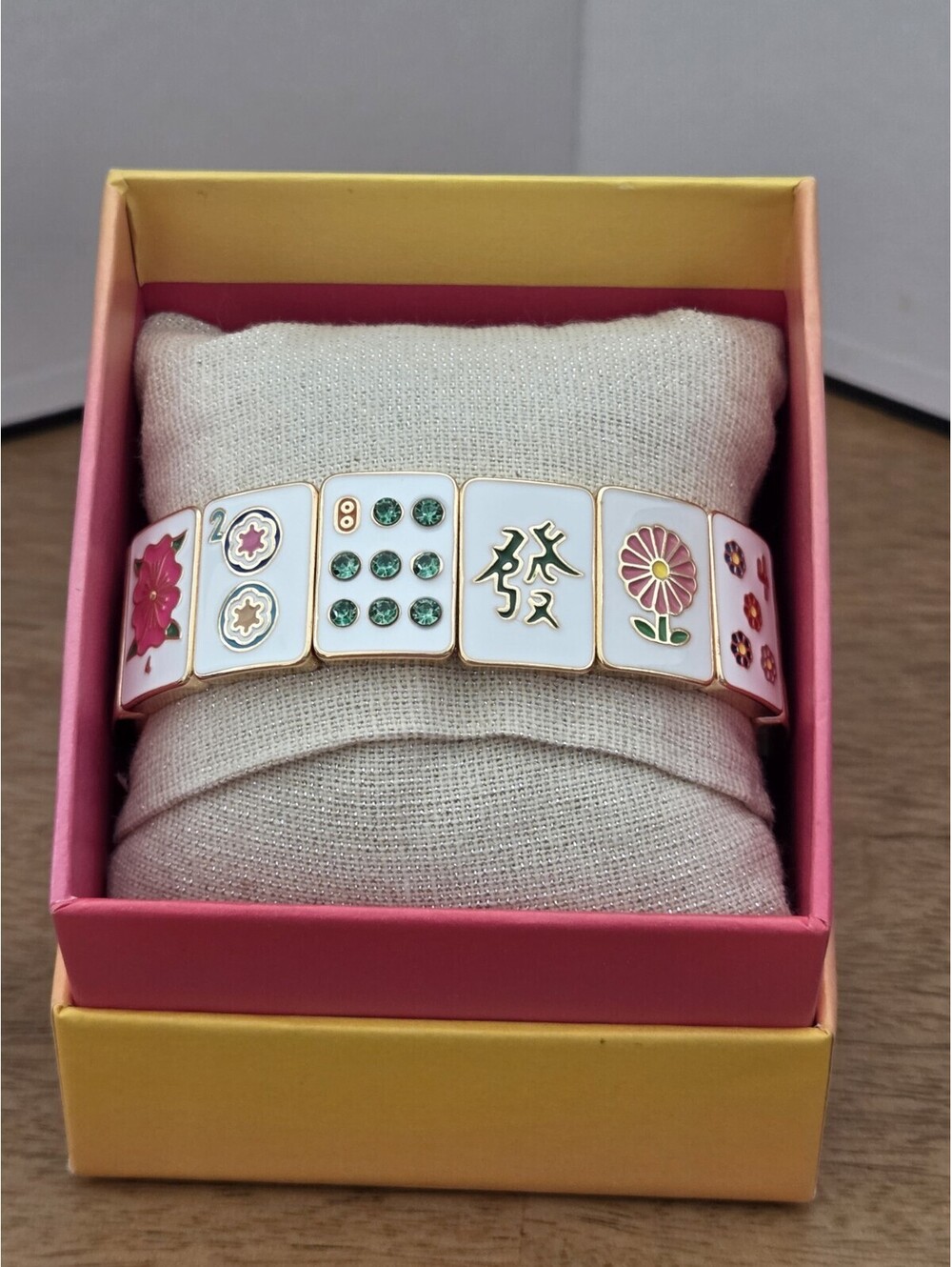 Rare Piper K Mahjong Tile Enamel Link Bracelet Pink Gold Tone NWT Box